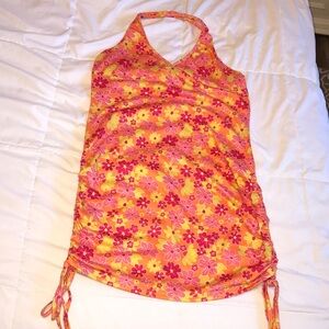 ROMWE Yellow and Pink Floral Halter Mini Dress